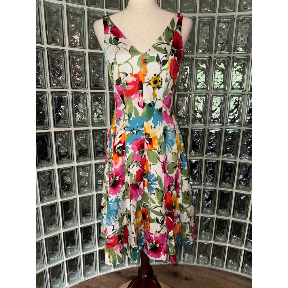 LAUREN RALPH LAUREN Colorful Floral Stretch Cotton Pleated A-Line Dress - Size 4
